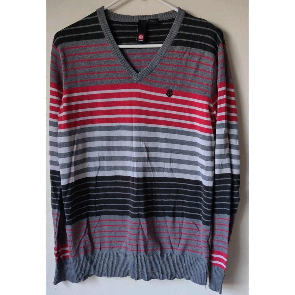 Element Men's Striped Sweater‎ V-Neck Gray/Black/Red 100% Cotton Size Medium